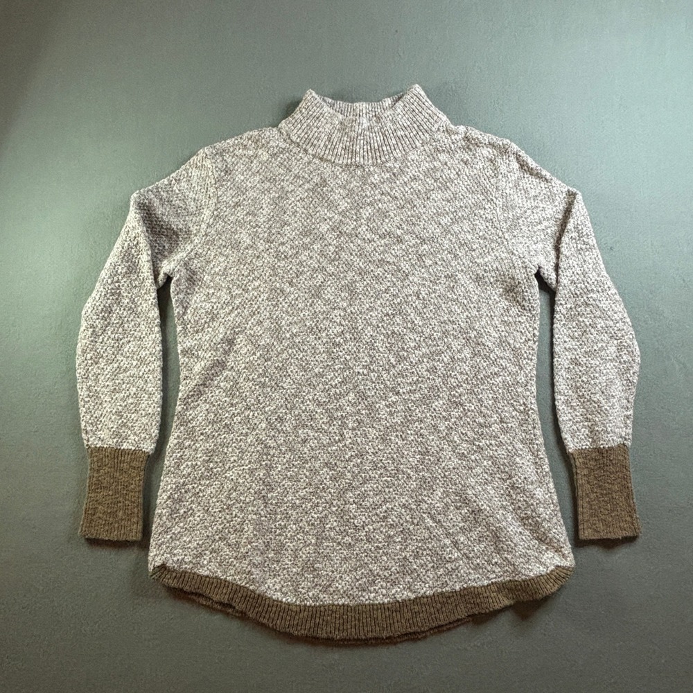 LL Bean Signature Sweater Womens L Beige Cotton Linen Mock Neck Chunky Knit